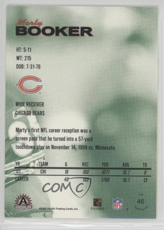 2002 Pacific Adrenaline Red Marty Booker #46 - Image 2 of 2