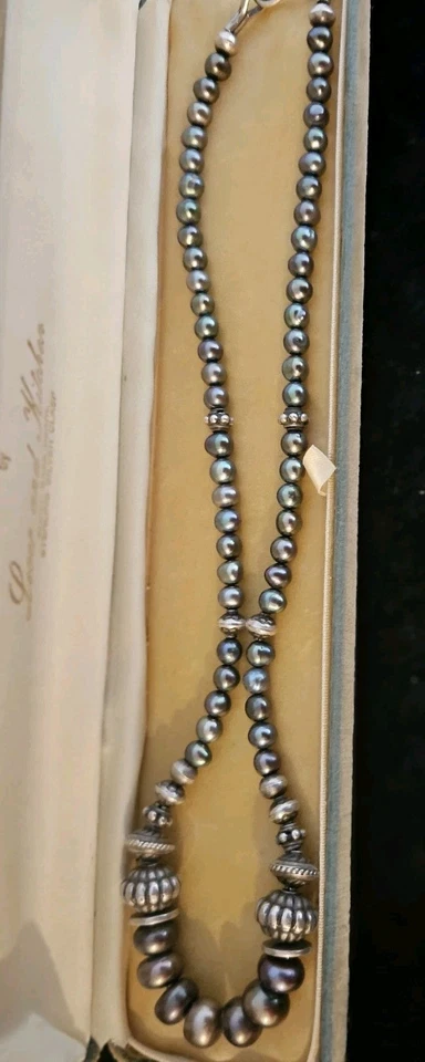 Vintage 925 Silver Genuine OYSTER CULTURED PEARL TIBETAN SILVER DISK Necklace - image 4 of 4