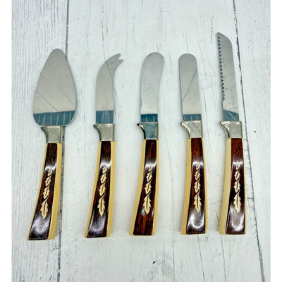 Regent Sheffield England Cheese Knife Set 5 Leaf Handle MCM Flatware Vtg