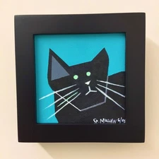Original 4x4 Acrylic Painting Black Cat Modern Abstract Cubism Canvas Art