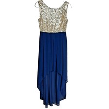 Sequin Sheer Hi Low Midi Dress Size M Gold Blue Sleeveless Fairy Party Event
