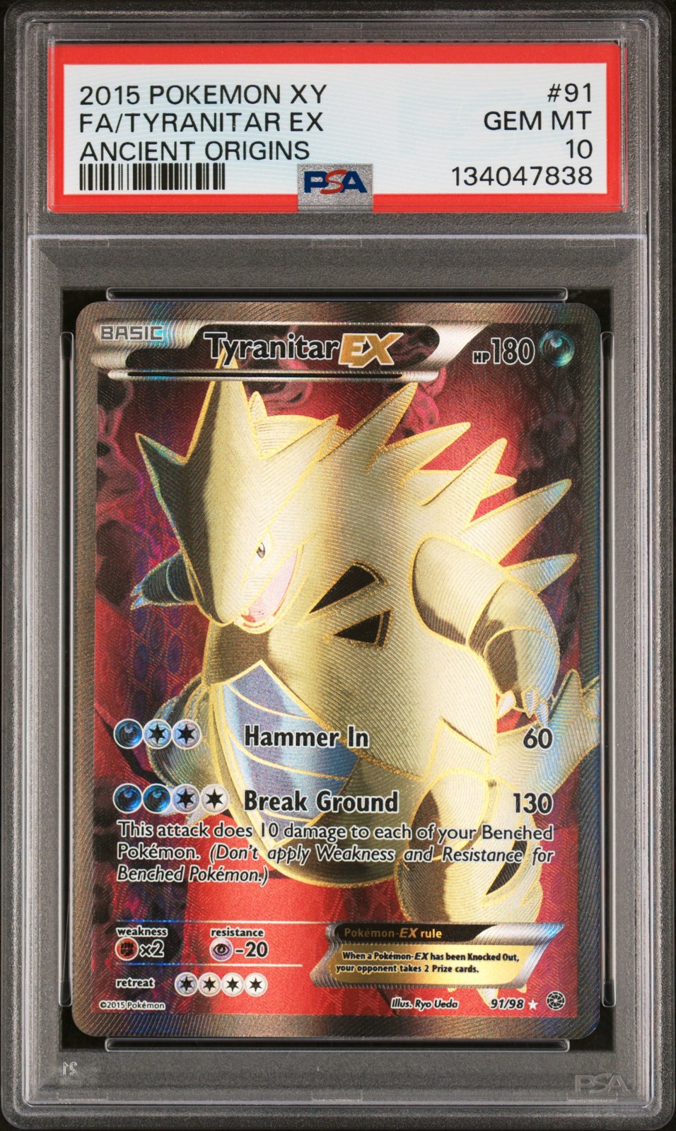 2015 POKEMON XY ANCIENT ORIGINS #91 FULL ART/TYRANITAR EX PSA 10