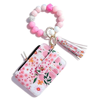 Women Boho Beaded Wallet with Flower Pattern,Boho Style Beaded & Tassel Keychain
