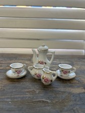 Vintage Miniature Porcelain Tea Set 7-Piece Pink Rose Floral Gold Trim