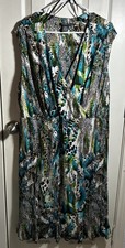Glamour Dress Women 22W Plus Blue Geometric Shift Midi V-Neck Short Sleeve