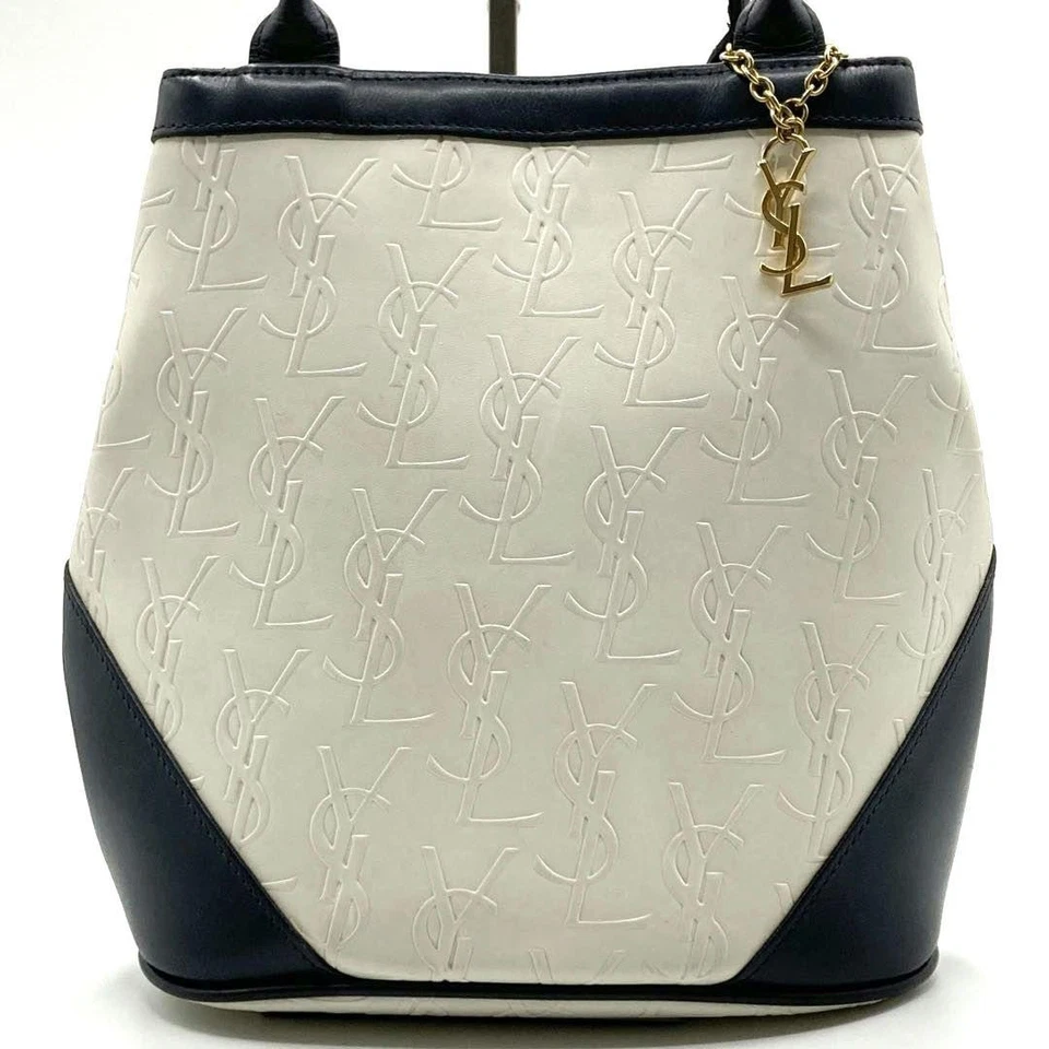 Bolsa tote de couro Saint Laurent autêntica branca marinha feminina França 125127 - Imagem 2 de 4