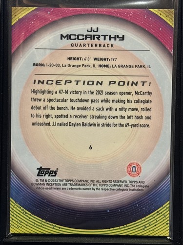 2022 - 23 Bowman University Inception JJ McCarthy #6 lámina azul novato de radiocontrol - Imagen 3 de 3