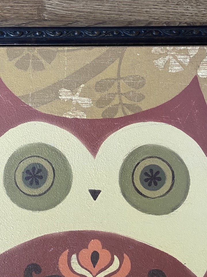 Charming Folksy Colorful Forest Owl Art Print Large Round Body Eyes