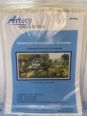 ARTECY Counted Cross Stitch Leaflet/Booklet AND FABRIC AMERICAN HOMESTEAD SUMMER