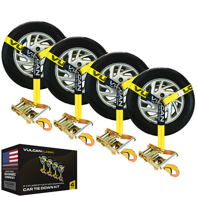 VULCAN Lasso Car Tie Down - Snap Hooks - 2'' x 96'', 4 Pack - 3300 lbs SWL