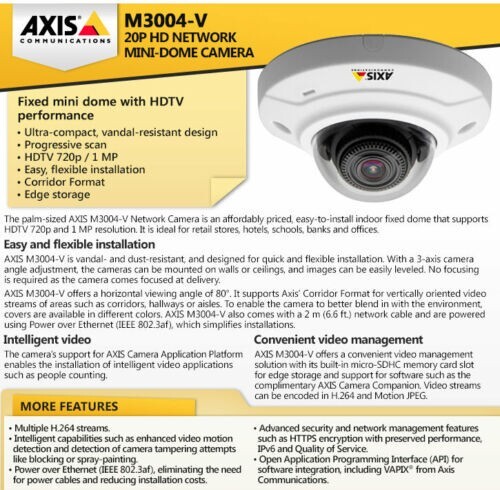 Axis M3004-V Mini Dome Network Indoor HD 30 FPS Camera PoE