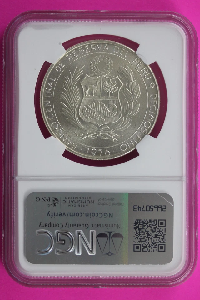 Top Pop 2 Known 1976 MS 68 Peru Battle Of Ayacucho 400S Silver Coin NGC Slab 531 - Image 2 of 3