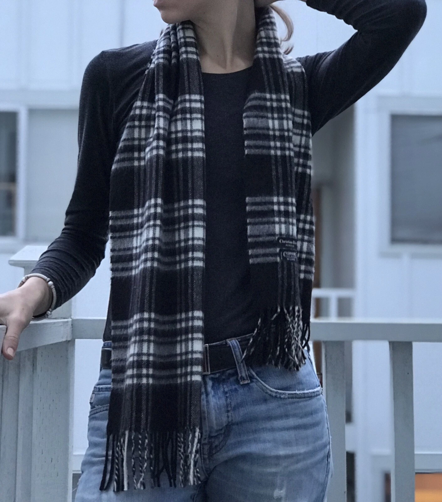 Écharpe Christian Dior Monsieur fabriquée au Japon plaid noir blanc