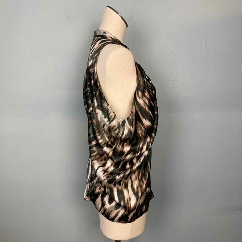 H&M Tiger Print Sleeveless Drape Side Button Up Mock Neck Blouse Women's Size 8 - Picture 4 of 12