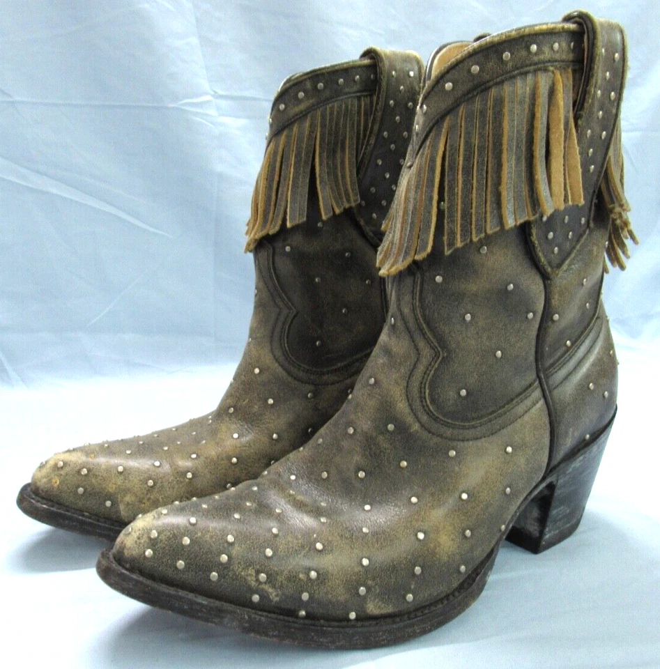 YIPPIE KI YAY Antiguo Gringo CARBÓN Cuero Tachonado OCCIDENTAL con FRINGE Botas 6.5B Foto 2 de 4