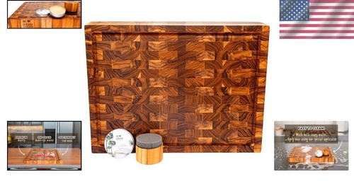 End Grain Teak Butcher Block Set with Eco-Friendly Wax & Applicator Included - Picture 2 of 11