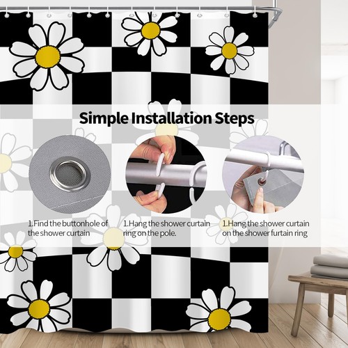 70s Retro Black White Checkered Daisy Shower Curtain 60"X72" Flower Checkerbo... - Picture 5 of 7
