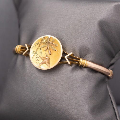 Bracciale antico vittoriano uccellino e fiori in oro giallo e rosa 10 kt - Foto 5 di 8