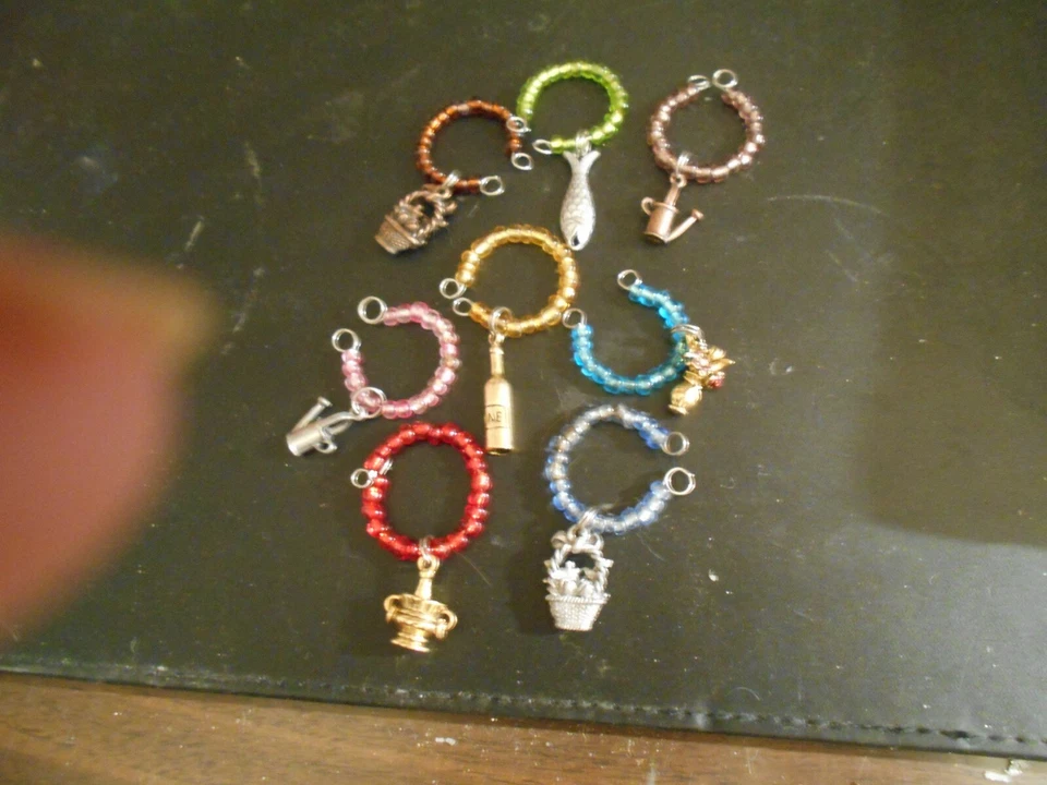 Barware Eight Multicolored Beaded Tone Metal Wine Glass Charms Tags - image 2 of 2