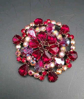 Vintage Signed Garne Jewelry Red & AB Crystal Layered Silver Tone Brooch