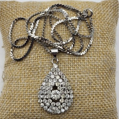 Beautiful Vintage Clear rhinestone Pendant Necklace MCM Elegant Teardrop Bride