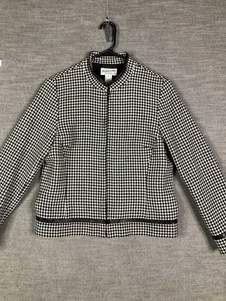 Pendleton Jacket Womens 8 Black White Houndstooth Wool Leather Trim USA Made - Image 2 of 4