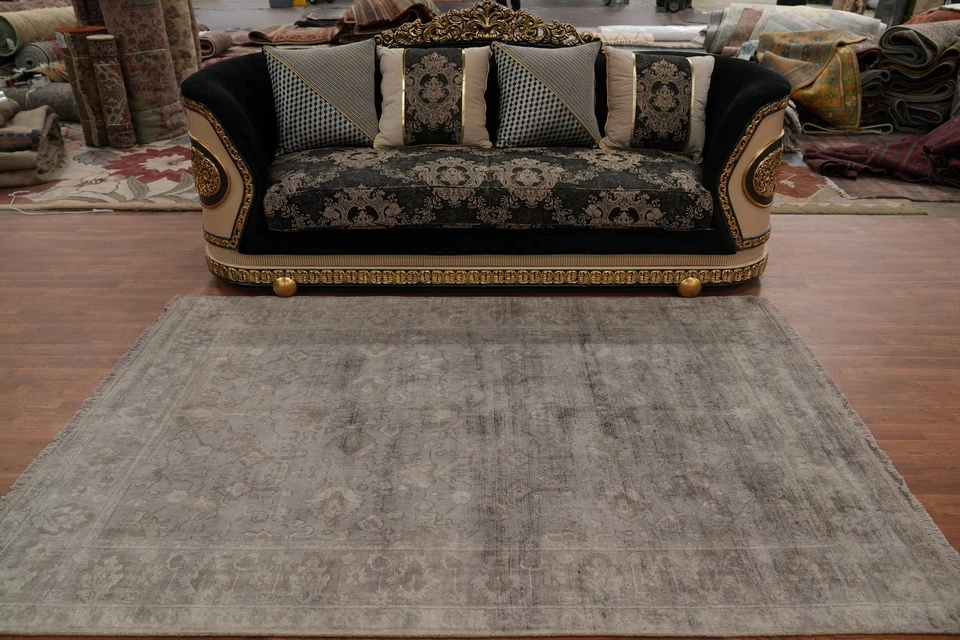 Handmade Beige Silk Carpet Transitional Oushak Living Room Area Rug 6x8 Ft - Image 3 of 4