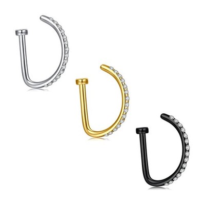 D Shaped Nose Ring, Clip On, 3 Pack, Stainless Steel, 18 Gauge, 10mm Inner Di...
