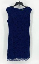 Lauren RALPH LAUREN Blue Boat neck Cap sleeve Soutache Floral Lace Dress Size 10