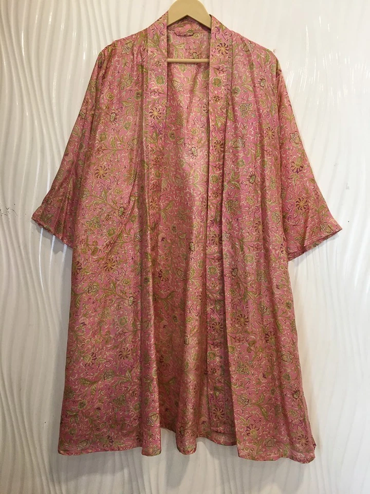 Vestido midi kimono de seda pura hasta la rodilla rosa MKMO2184 Foto 2 de 4