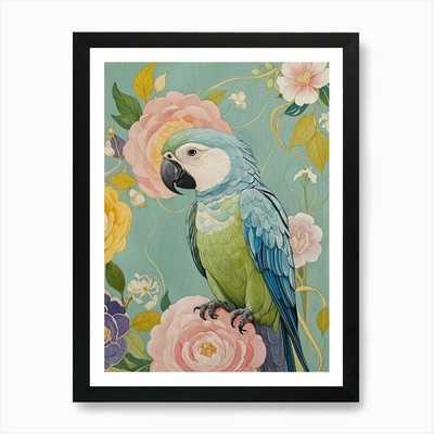 Papagei mit Blumen in Pastellfarbe gerahmtes Wandbild Poster Leinwanddruck Bild