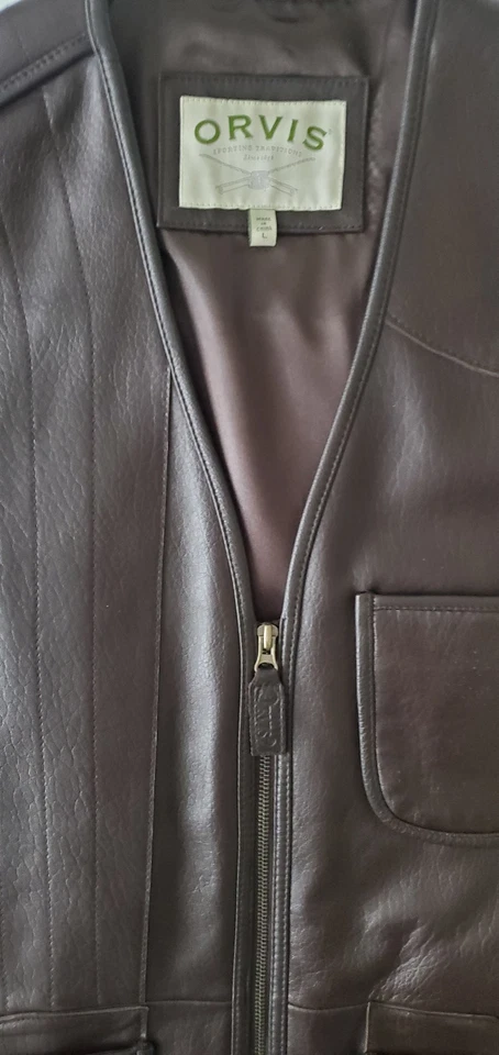 Vintage Orvis Brown Leather Mens Outdoor Hunting Safari Field Vest / Jacket sz L - Image 4 of 4