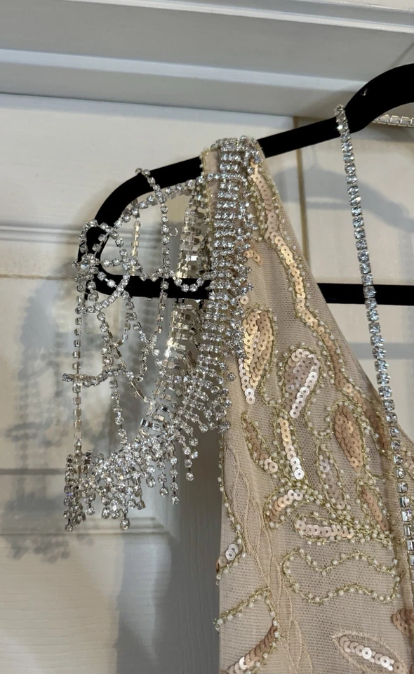Vestido Gatsby Roaring Años 20 Cuentas Aleta con Accesorios Crema Dorado Claro Elegante S Foto 4 de 4