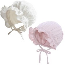 2 Pack Baby Bonnet Hat for Newborn Girls Boys Washed Cotton Lace White pink