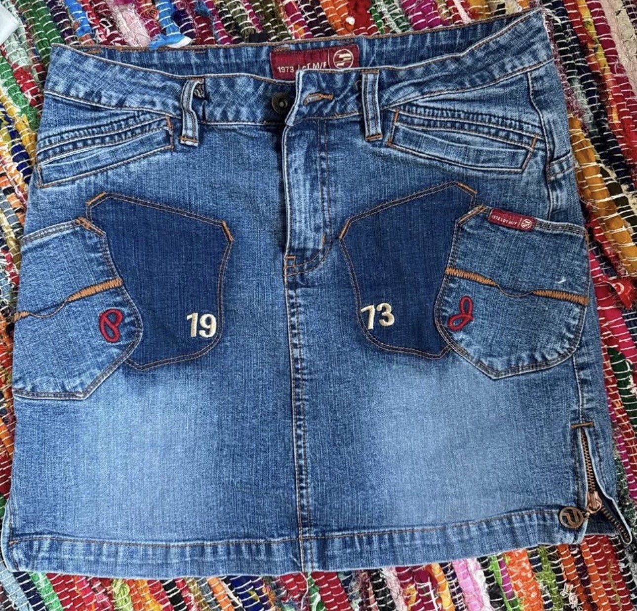 1973 Denim Mini Skirt Blue Embroidered Button Pockets Retro Women&rsquo;s Casual