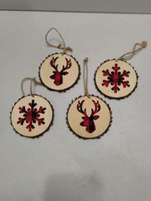Set Of Four Wooden Buffalo Print Christmas Ornaments Reindeer Snowflake