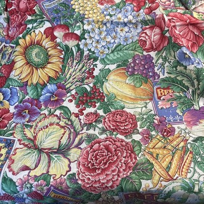 Joan Kessler  Flowers Fruit Veg Seed Packet Concord Fabric Fruits Veggies 1 Yd