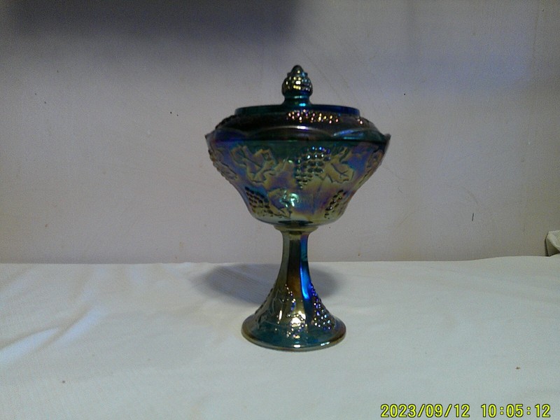 Indiana  Harvest Grape Carnival Glass Iridescent Blue Covered Compote Candy Dish