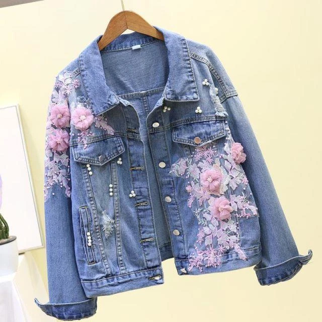 NEW Womens Flower Denim Jacket Pearl Flower Fashion Lapel Jeans