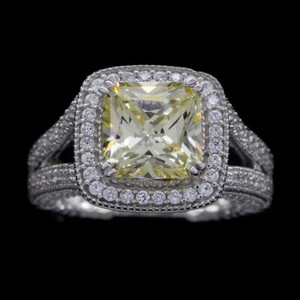 Authentic 10K White Gold Plated Simulated Set Yellow Sapphire Cushion Halo Ring Certified