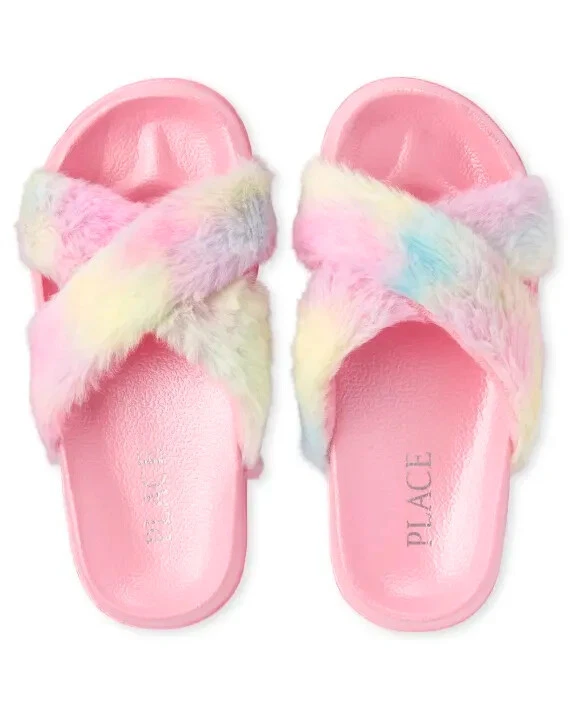 Ladies Multi-Color Faux Fur Slide Sandals