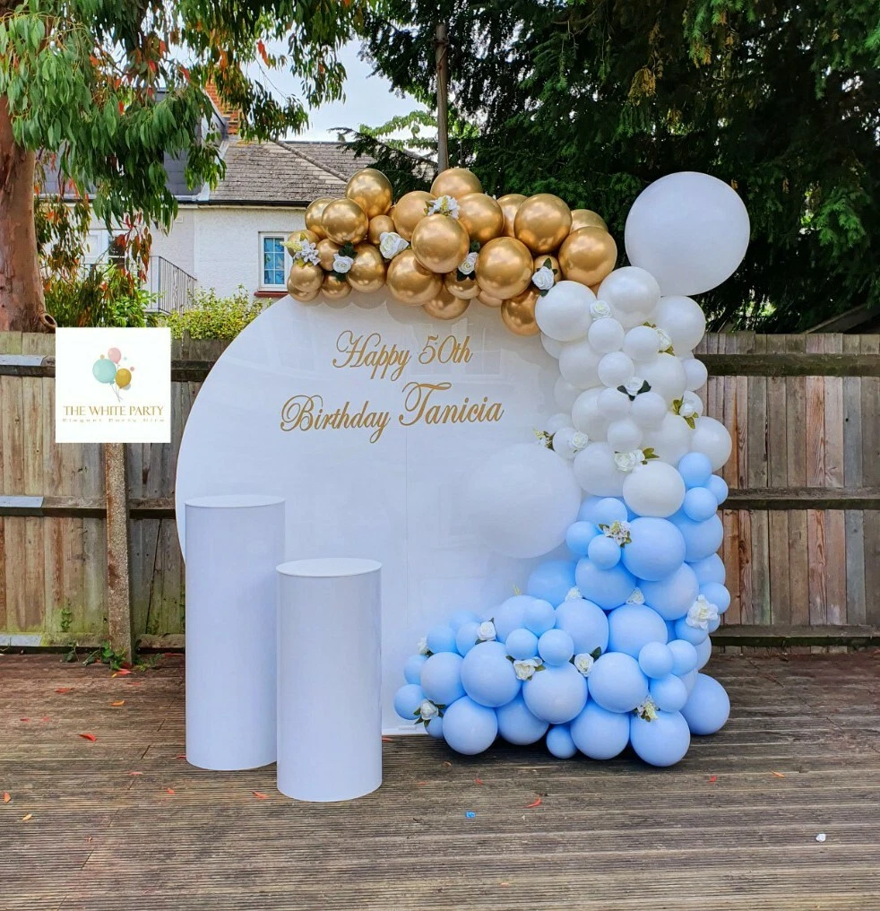 Personalised Acrylic Backdrop, Balloon Garland, Plinths & Baby Blocks Event  Hire