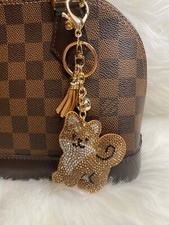 Dog Keychain Bag Charm Crystal Bling Gold Tan Tassel New Handmade Gift