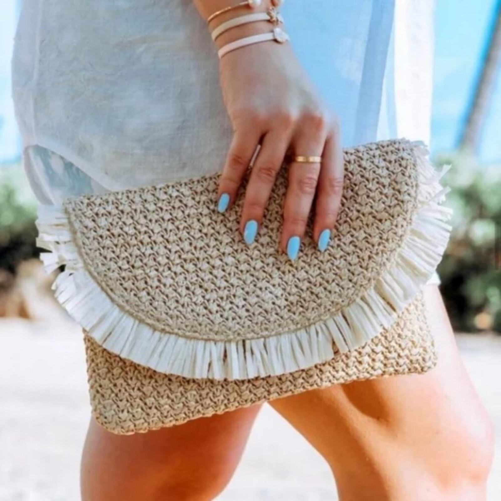 Beachly The North Shore Clutch Woven Natural Frayed Tropical Beach Boho