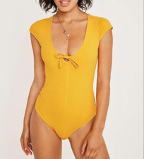 OUT FROM UNDER BY URBAN OUTFITTERS MUSTARD TERESA TIE-FRONT RIBBED BODYSUIT XL