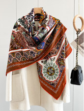 70 cashmere 30 silk Orange Cashew double sided printed square Wrap shawl 53"