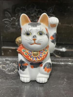 Antike Manekineko Glückskatze Puppe Figur Kutani Yahata Ofen H10 B6,5cm JP ge...