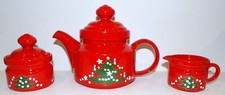 WAECHTERSBACH GERMANY CHRISTMAS TREE RED TEAPOT, CREAMER & SUGAR BOWL WITH LID