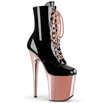 PLEASER Sexy 8'' Heel Rose Gold Chrome Platform Lace Up Womens Black Ankle Boots