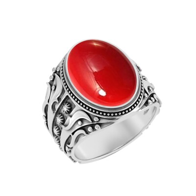Natural Red Coral Gemstone with 925 Sterling Silver Ring for Mens Handmade